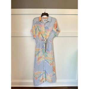 FRNCH blue‎ printed button down belted midi dress euc size small